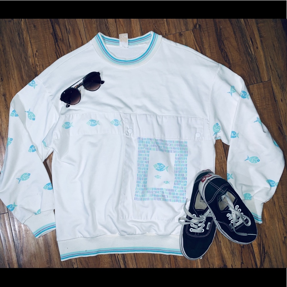 Jantzen retro vintage white fish print sweater - Picture 1 of 6